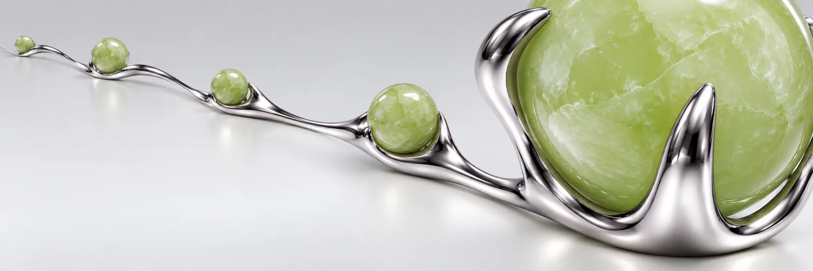 A row of pale-green stones, each held by a single chrome setting, growing in size.